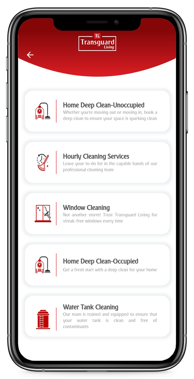 Home cleaning Service Options Displayed on Transguard Living Mobile App