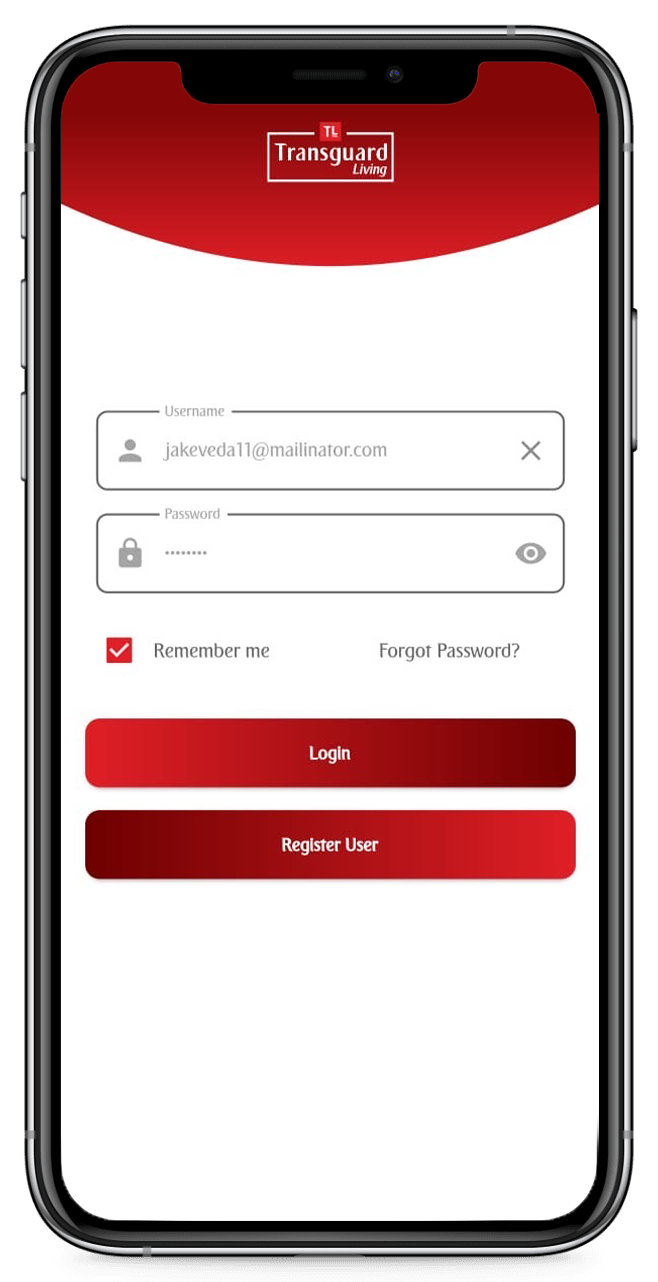 Transguard Living Mobile App login form